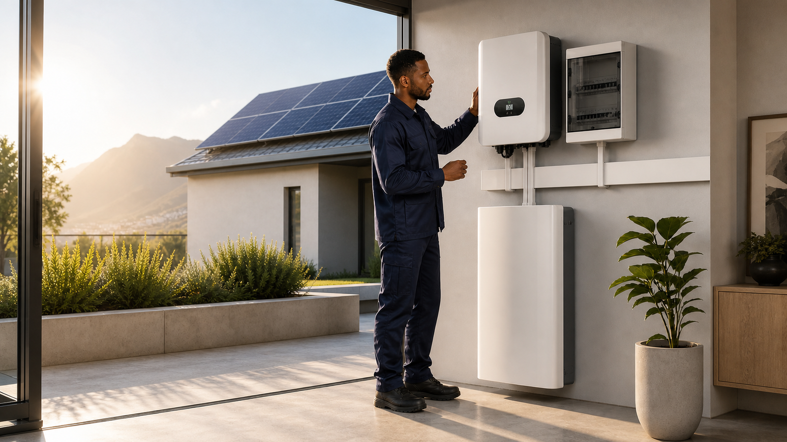 Phase Energy technician inspecting a professionally installed hybrid inverter, battery storage and solar power system