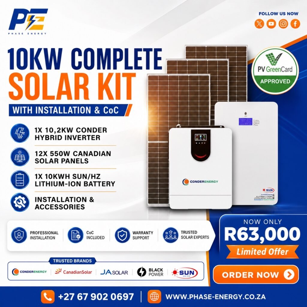 10kW Complete Solar Kit with Conder Hybrid Inverter – 10kWh Battery package offer from Phase Energy