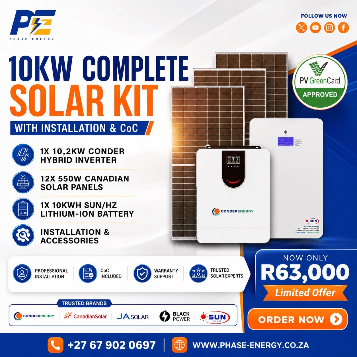 phase-energy-10kw-complete-solar-kit-10kwh-r63000 10kW Complete Solar Kit with Conder Hybrid Inverter – 10kWh Battery package offer from Phase Energy
