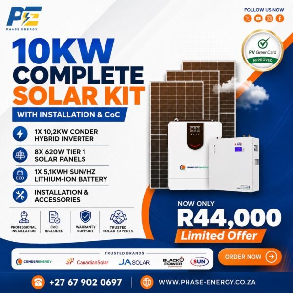 10kW Complete Solar Kit with Conder Hybrid Inverter – 5.1kWh Battery package offer from Phase Energy