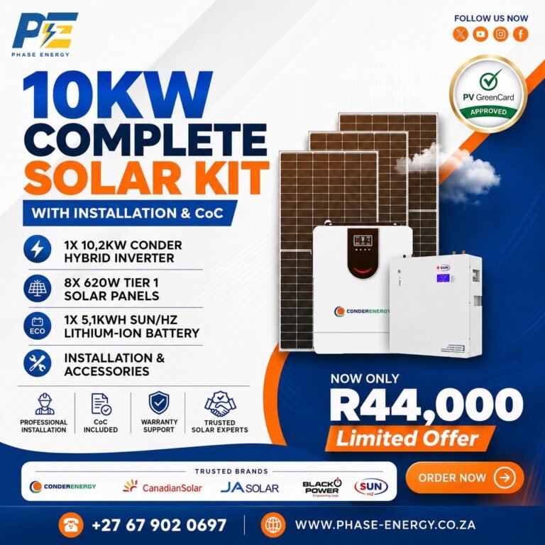 10kW Complete Solar Kit with Conder Hybrid Inverter – 5.1kWh Battery package offer from Phase Energy