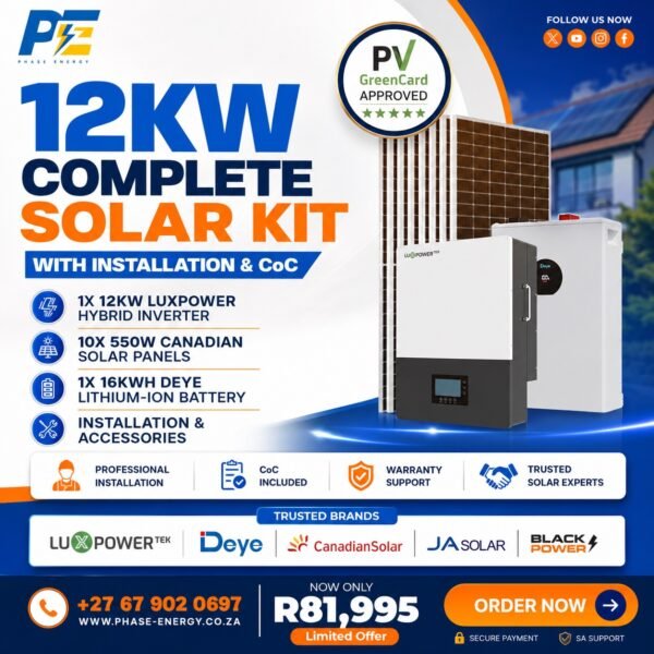 12kW Complete Solar Kit with LuxPower Hybrid Inverter – 16kWh Battery package offer from Phase Energy