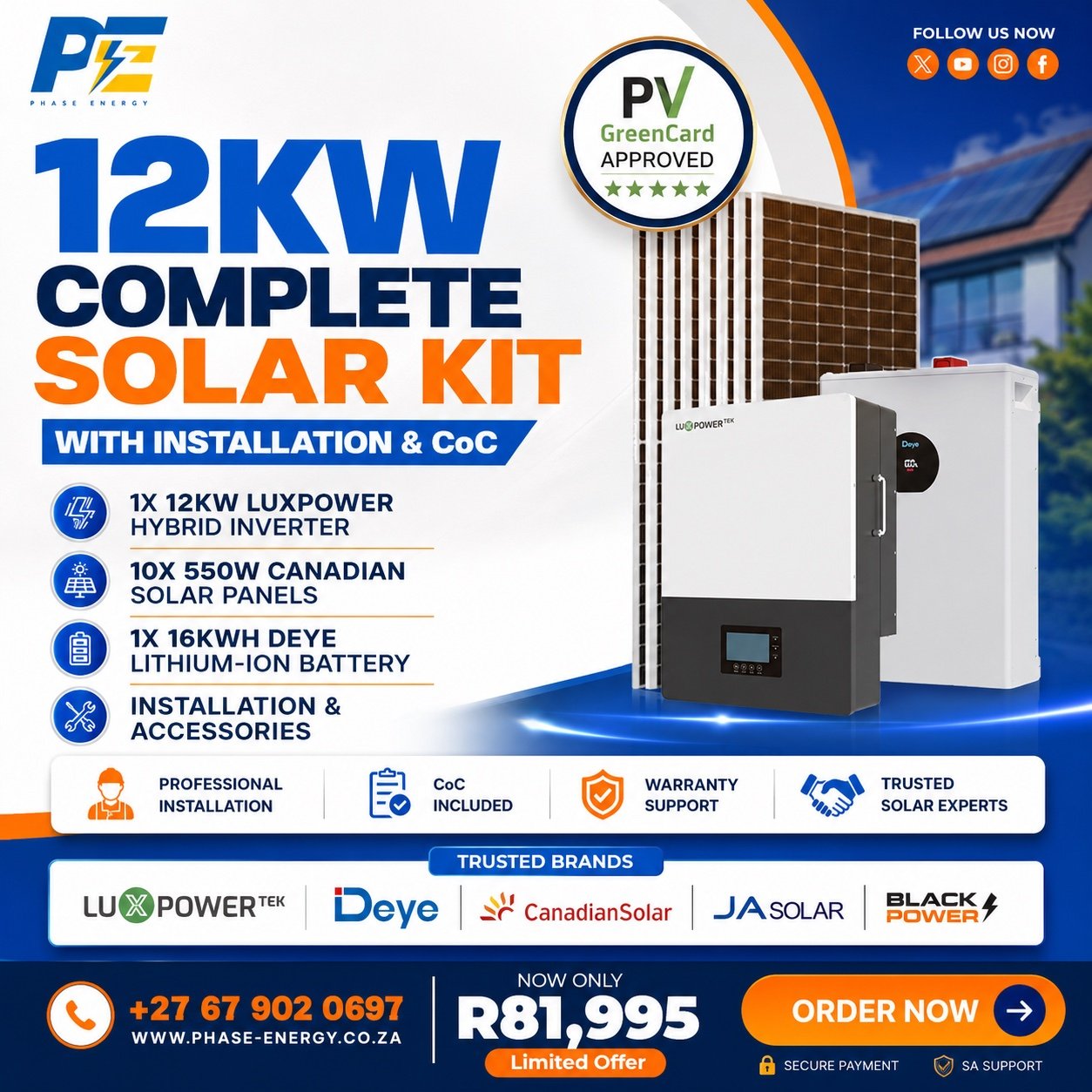 phase-energy-12kw-complete-solar-kit-luxpower-r81995 12kW Complete Solar Kit with LuxPower Hybrid Inverter – 16kWh Battery package offer from Phase Energy