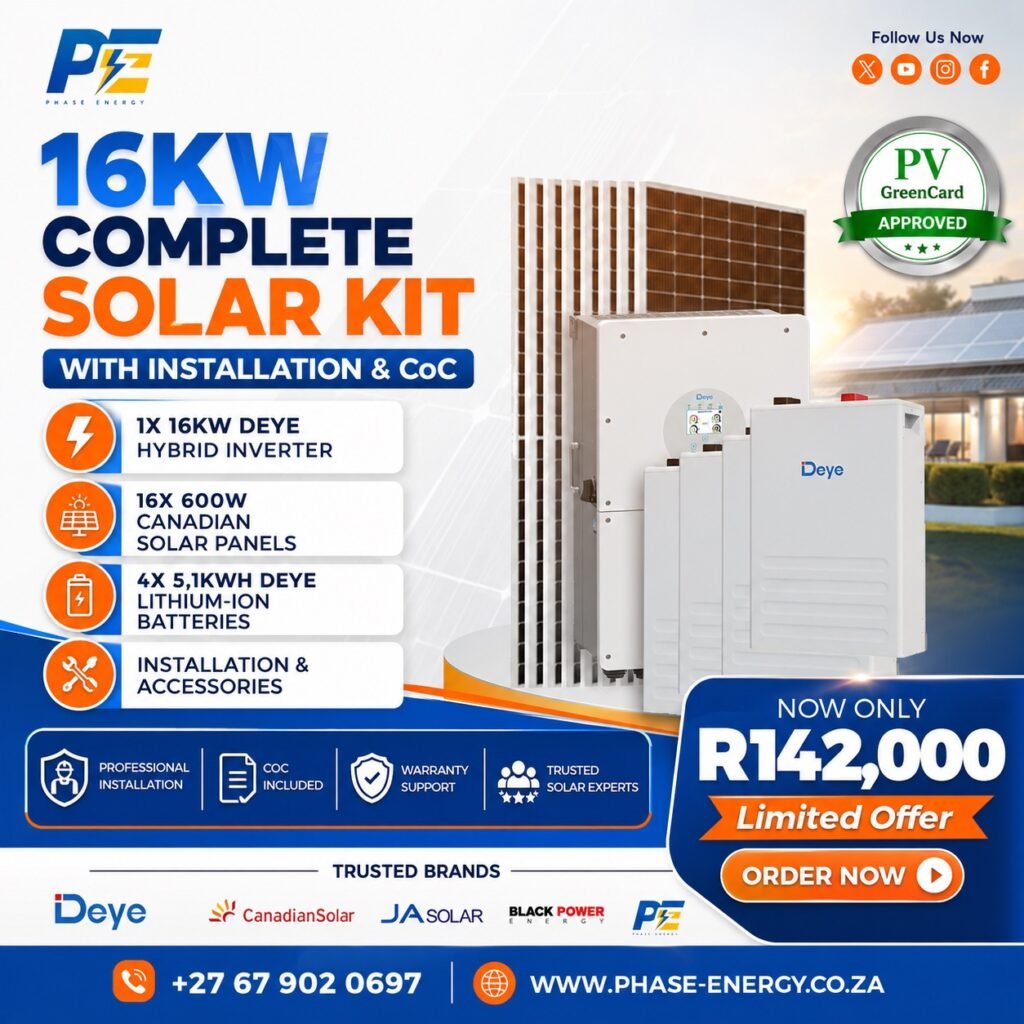 16kW Complete Solar Kit with Deye Hybrid Inverter – 20.4kWh Battery package offer from Phase Energy