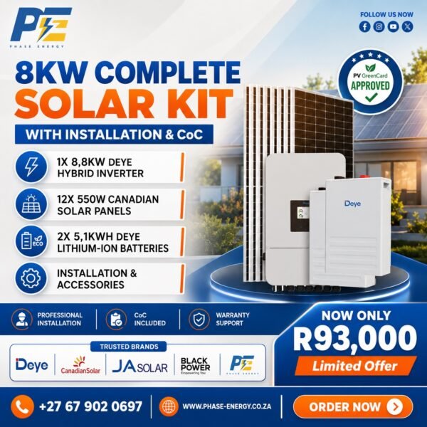 8kW Complete Solar Kit with Deye Hybrid Inverter – 10.2kWh Battery package offer from Phase Energy