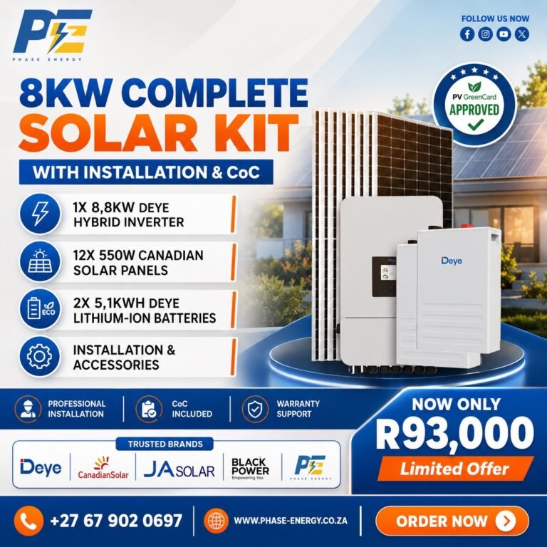 8kW Complete Solar Kit with Deye Hybrid Inverter – 10.2kWh Battery package offer from Phase Energy