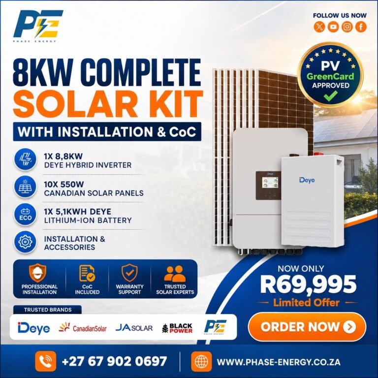 8kW Complete Solar Kit with Deye Hybrid Inverter – 5.1kWh Battery package offer from Phase Energy